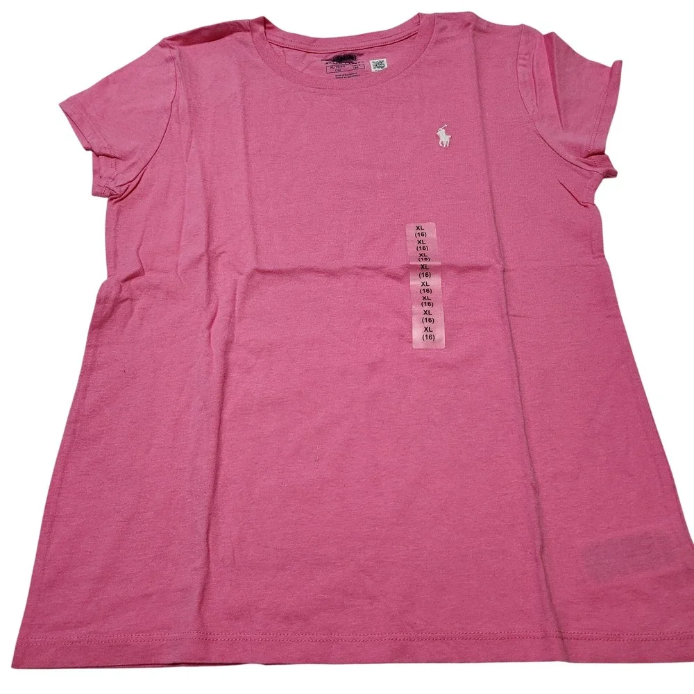 Ralph Lauren Girls Pink Cotton Jersey Tee Short Sleeve Pony Logo XL 16  New